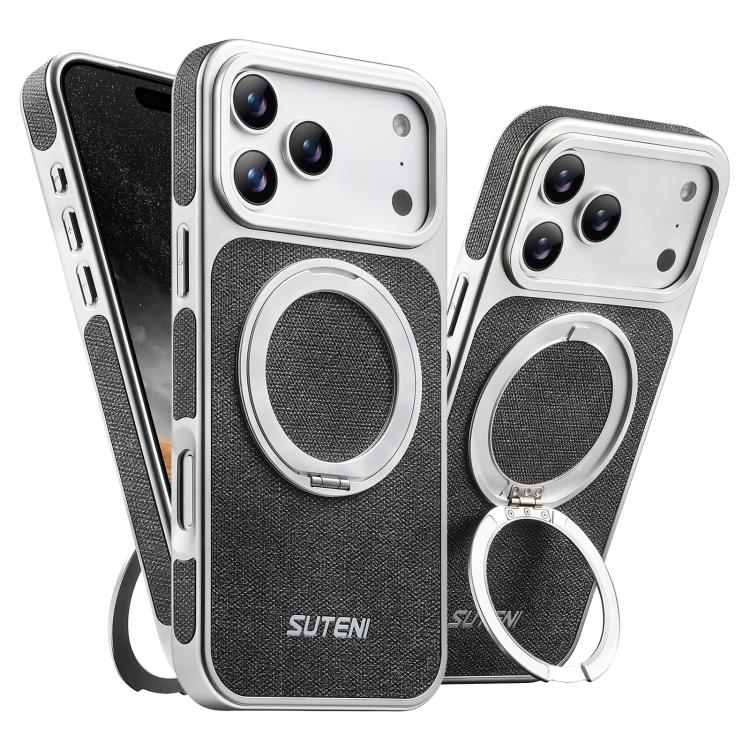 For iPhone 17 Pro Suteni G6 Denim Pattern Electroplated 360 Rotation Holder Magnetic Phone Case(Black)