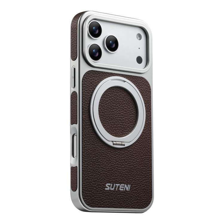 For iPhone 17 Pro Suteni G6 Large Litchi Texture Electroplated 360 Rotation Holder Magnetic Phone Case(Brown)