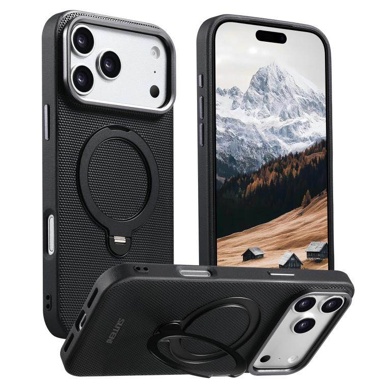 For iPhone 17 Pro Suteni G7 360 Rotation Magnetic Holder Triangle Texture Vegan Leather Back Phone Case(Black)