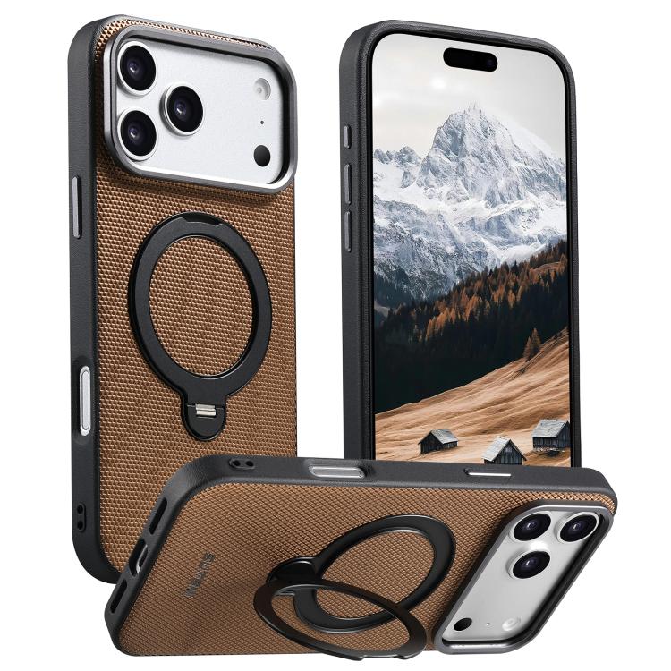 For iPhone 17 Pro Suteni G7 360 Rotation Magnetic Holder Triangle Texture Vegan Leather Back Phone Case(Gold)