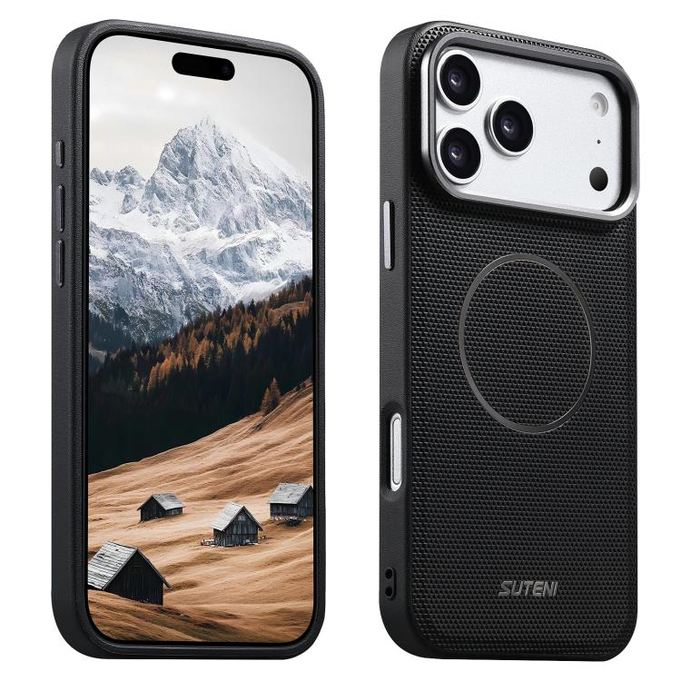 For iPhone 17 Pro Suteni G8 Magnetic Triangle Texture Vegan Leather Back Phone Case(Black)