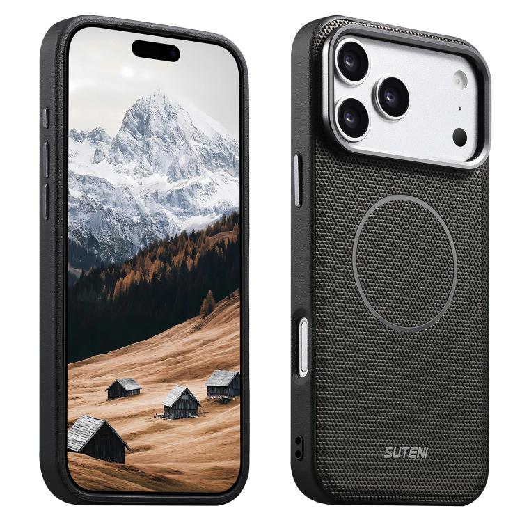 For iPhone 17 Pro Suteni G8 Magnetic Triangle Texture Vegan Leather Back Phone Case(Grey)