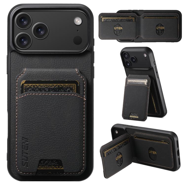 For iPhone 17 Pro Suteni H02 Litchi Leather Card Wallet Stand Back Phone Case(Black)