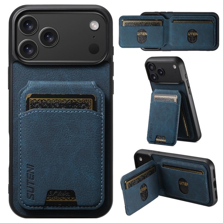 For iPhone 17 Pro Suteni H02 Litchi Leather Card Wallet Stand Back Phone Case(Blue)