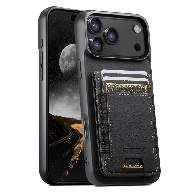 For iPhone 17 Pro Suteni H03 Litchi Leather Card Bag Stand Back Phone Case(Black)