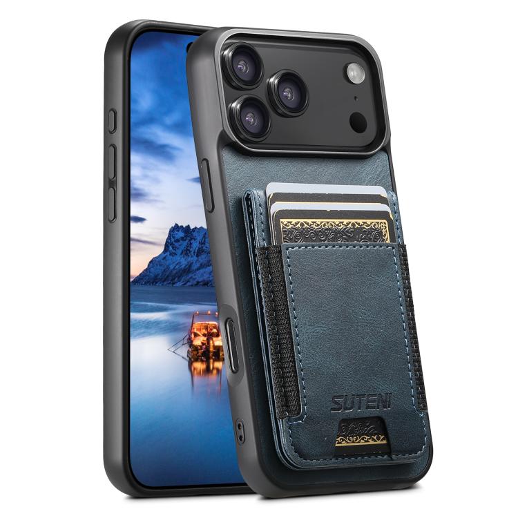 For iPhone 17 Pro Suteni H03 Oil Wax Leather Wallet Stand Back Phone Case(Blue)
