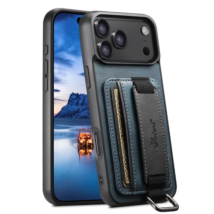 For iPhone 17 Pro Suteni H13 Card Wallet Wrist Strap Holder PU Phone Case(Blue)