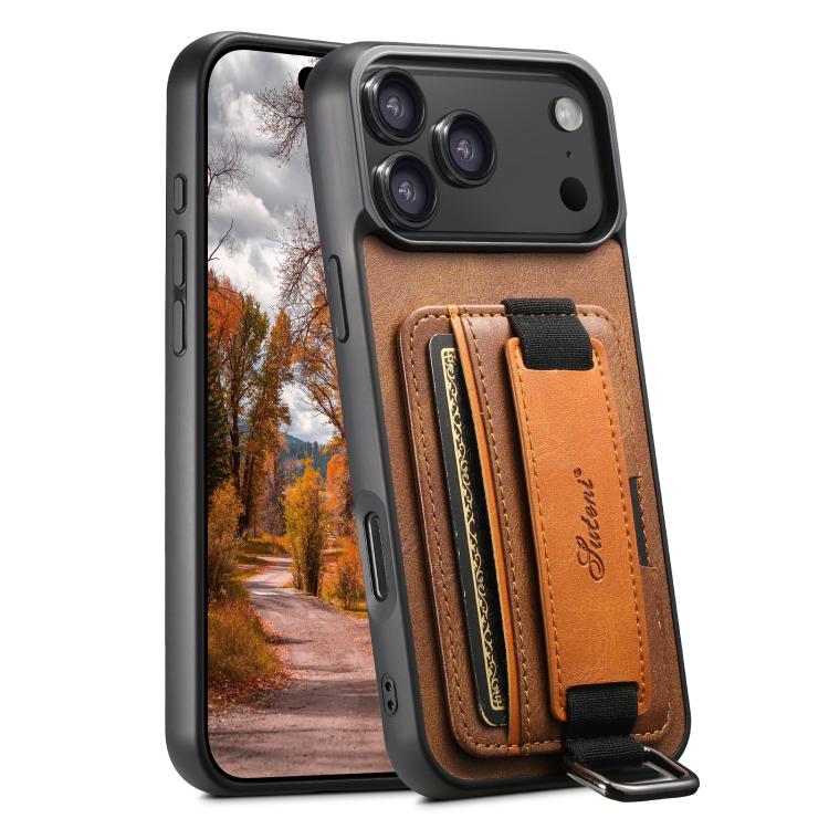 For iPhone 17 Pro Suteni H13 Card Wallet Wrist Strap Holder PU Phone Case(Brown)