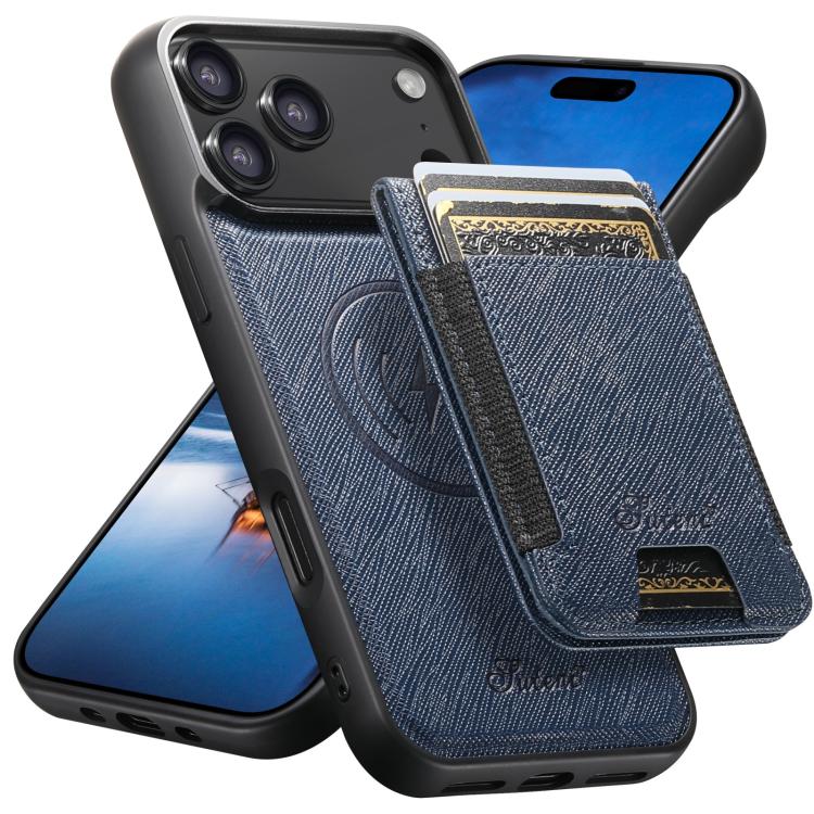 For iPhone 17 Pro Suteni H17 Cross Grain Leather MagSafe Detachable Wallet Phone Case(Blue)