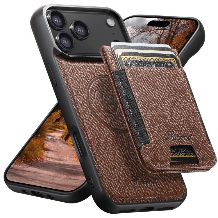 For iPhone 17 Pro Suteni H17 Cross Grain Leather MagSafe Detachable Wallet Phone Case(Brown)