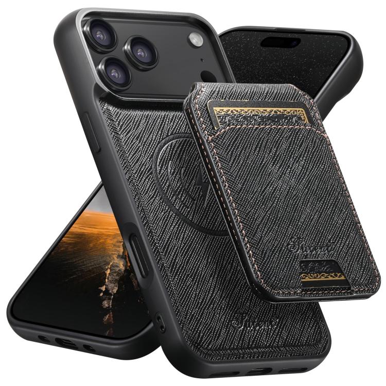 For iPhone 17 Pro Suteni H18 Cross Grain MagSafe Wallet Leather Phone Case(Black)