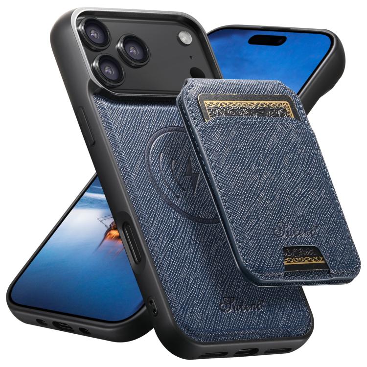 For iPhone 17 Pro Suteni H18 Cross Grain MagSafe Wallet Leather Phone Case(Blue)
