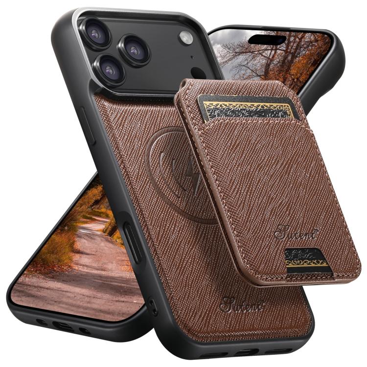 For iPhone 17 Pro Suteni H18 Cross Grain MagSafe Wallet Leather Phone Case(Brown)