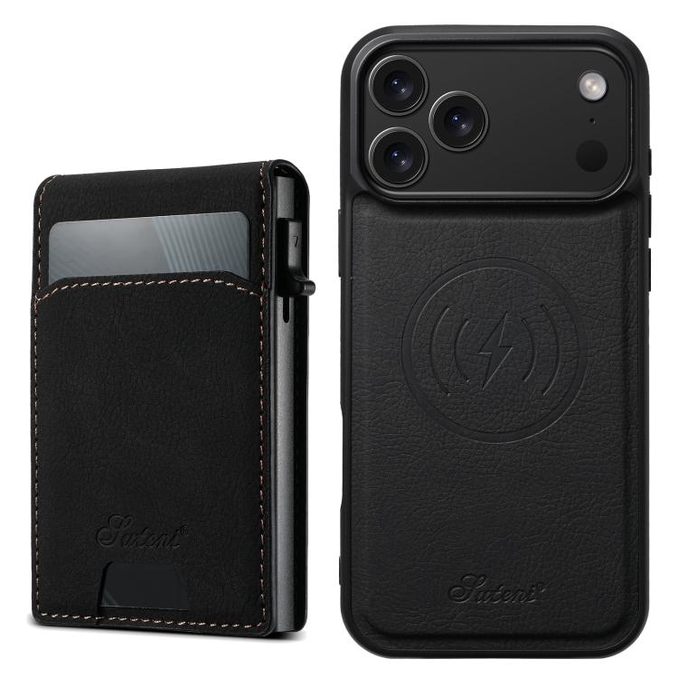 For iPhone 17 Pro Suteni H19 Litchi Grain 2-in-1 MagSafe Removable Card Box Back Phone Case(Black)