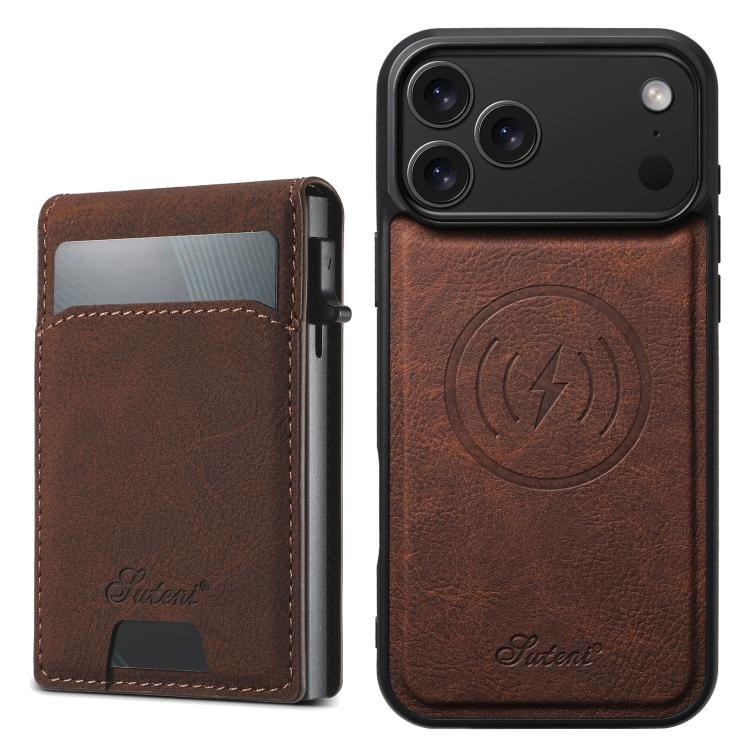 For iPhone 17 Pro Suteni H19 Litchi Grain 2-in-1 MagSafe Removable Card Box Back Phone Case(Brown)