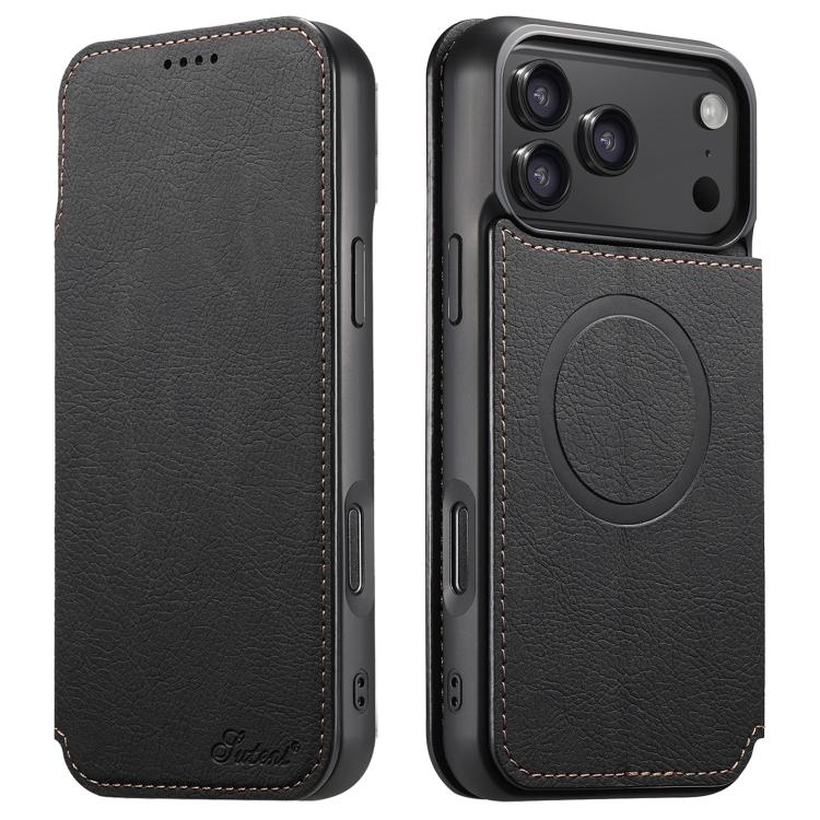 For iPhone 17 Pro Suteni J06 Retro Matte Litchi Texture Leather MagSafe Phone Case(Black)