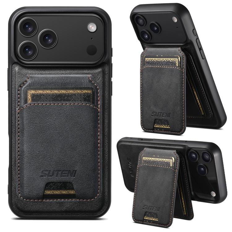 For iPhone 17 Pro Suteni M5 Magnetic Card Bag MagSafe Cowhide Texture Leather Phone Case(Black)