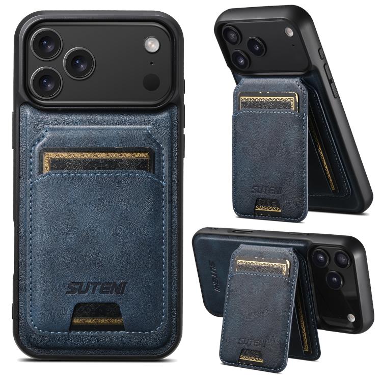 For iPhone 17 Pro Suteni M5 Magnetic Card Bag MagSafe Cowhide Texture Leather Phone Case(Blue)