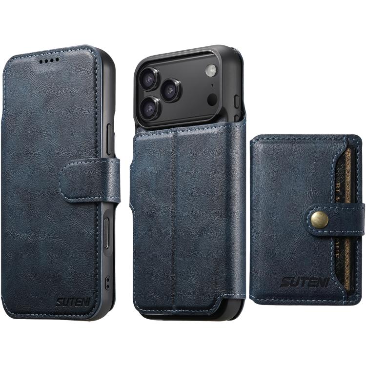 For iPhone 17 Pro Suteni Q05S1 3-in-1 Detachable Wallet MagSafe Leather Phone Case(Blue)