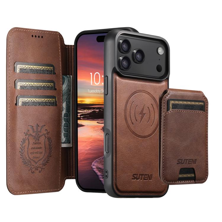 For iPhone 17 Pro Suteni Q05S2 3-in-1 Detachable Vertical Flip Wallet MagSafe Leather Phone Case(Brown)