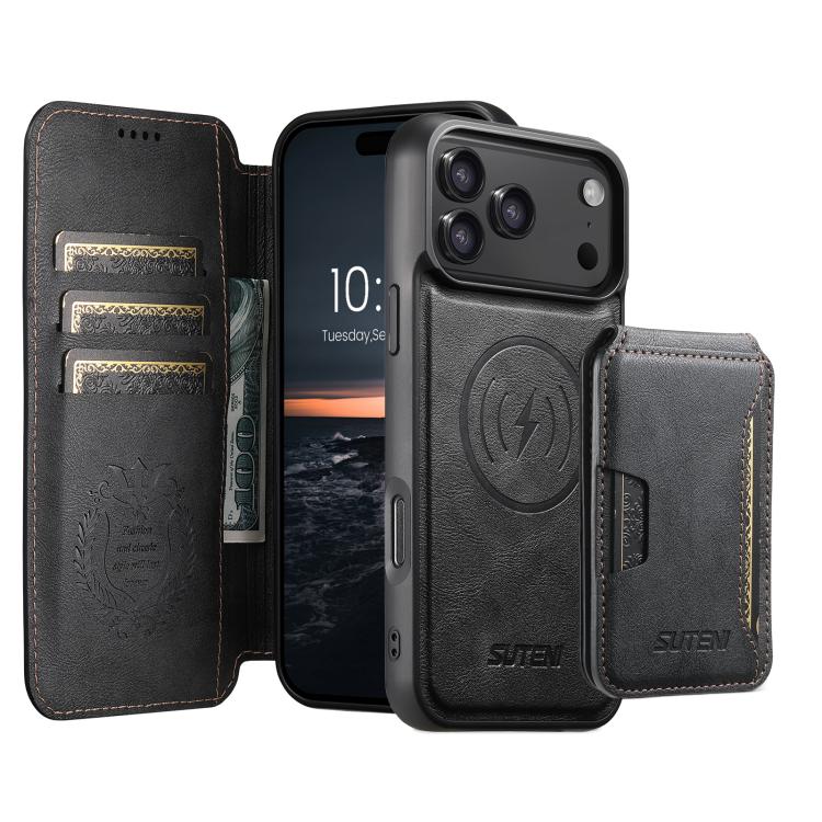 For iPhone 17 Pro Suteni Q05S3 3-in-1 Detachable Vertical Flip Wallet MagSafe Leather Phone Case(Black)
