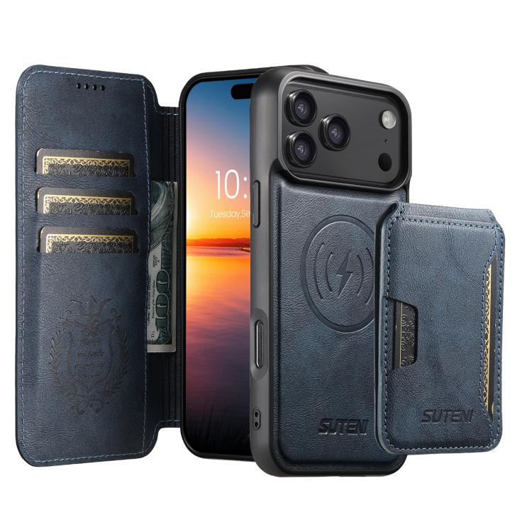 For iPhone 17 Pro Suteni Q05S3 3-in-1 Detachable Vertical Flip Wallet MagSafe Leather Phone Case(Blue)