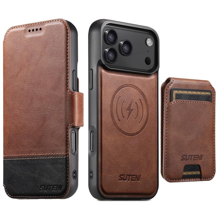 For iPhone 17 Pro Suteni Q06S2 3-in-1 Detachable Vertical Flip Wallet MagSafe Splicing Leather Phone Case(Brown)