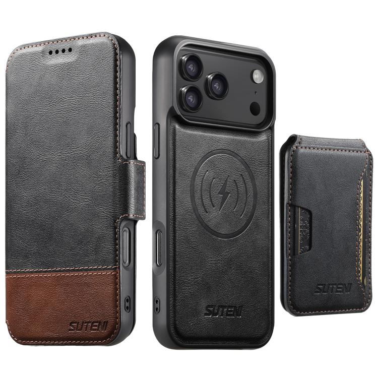 For iPhone 17 Pro Suteni Q06S3 3-in-1 Splicing Detachable Vertical Flip Wallet MagSafe Leather Phone Case(Black)