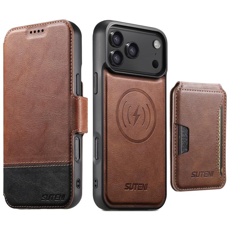 For iPhone 17 Pro Suteni Q06S3 3-in-1 Splicing Detachable Vertical Flip Wallet MagSafe Leather Phone Case(Brown)