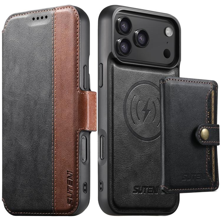 For iPhone 17 Pro Suteni Q07S1 3-in-1 Detachable Wallet MagSafe Splicing Leather Phone Case(Black)
