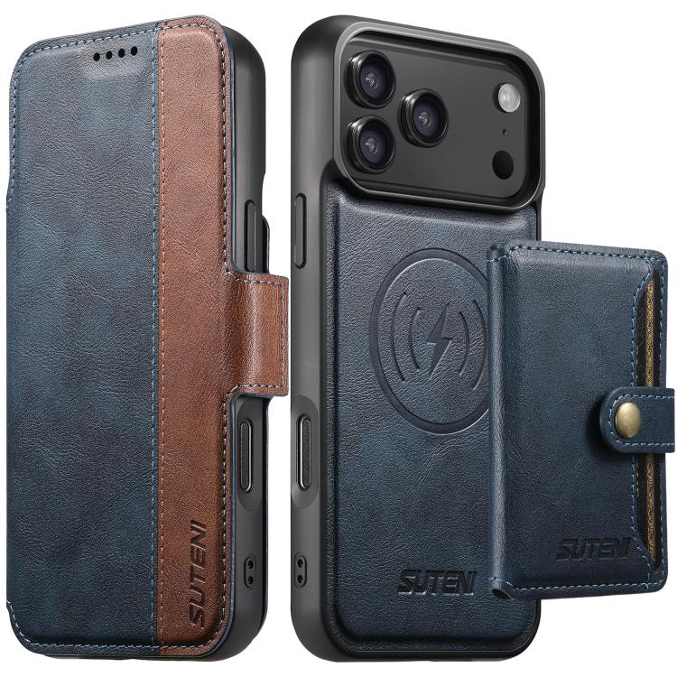 For iPhone 17 Pro Suteni Q07S1 3-in-1 Detachable Wallet MagSafe Splicing Leather Phone Case(Blue)