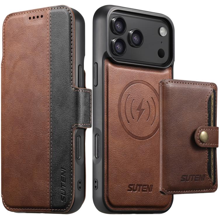 For iPhone 17 Pro Suteni Q07S1 3-in-1 Detachable Wallet MagSafe Splicing Leather Phone Case(Brown)