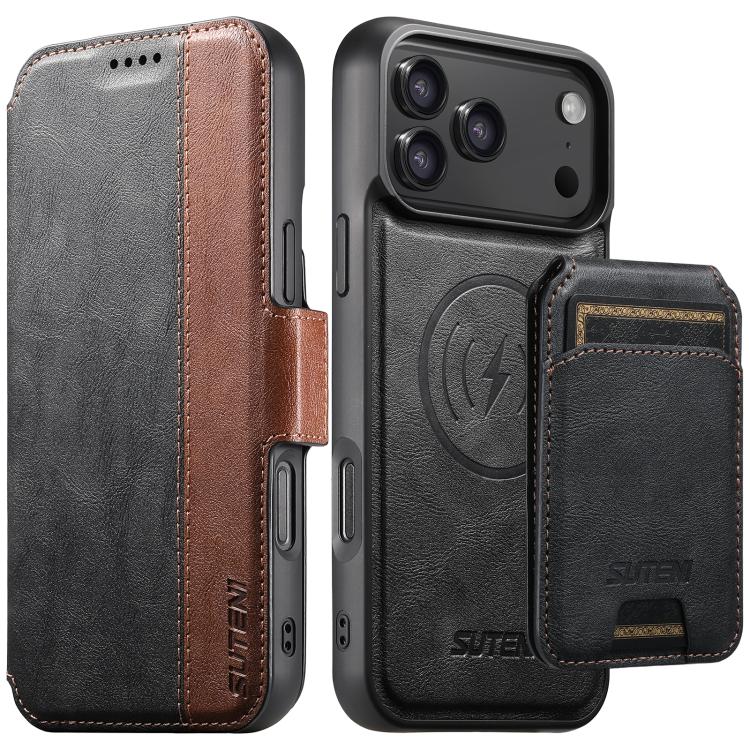 For iPhone 17 Pro Suteni Q07S2 3-in-1 Detachable Vertical Flip Wallet MagSafe Splicing Leather Phone Case(Black)