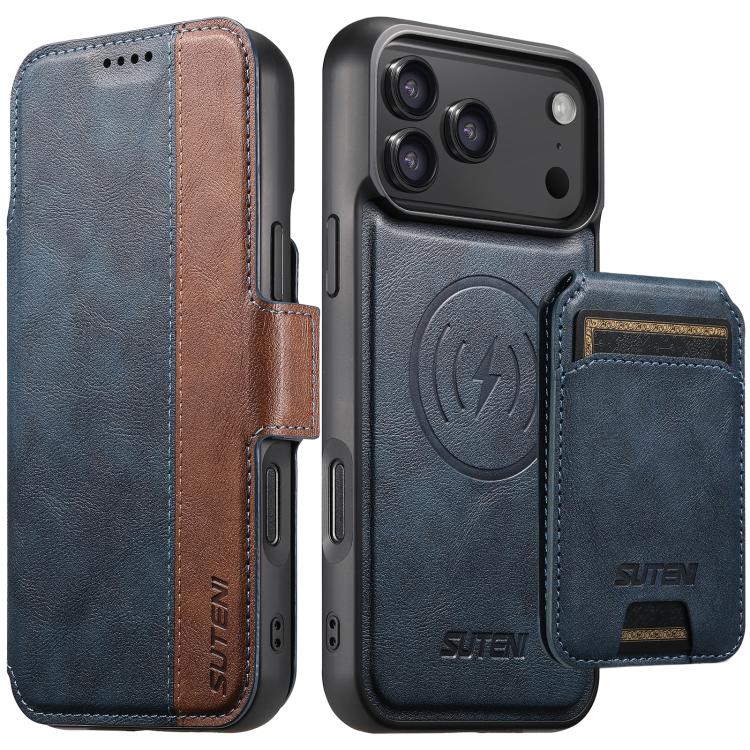 For iPhone 17 Pro Suteni Q07S2 3-in-1 Detachable Vertical Flip Wallet MagSafe Splicing Leather Phone Case(Blue)