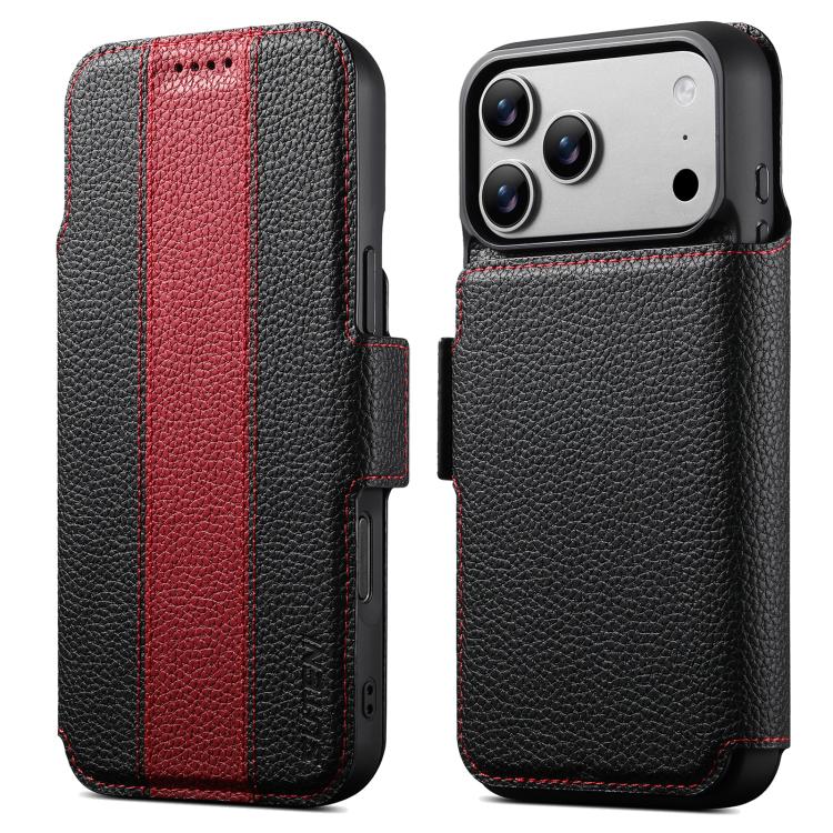 For iPhone 17 Pro Suteni Q08 2-in-1 Multi-function Magnetic Wallet Big Litchi Vegan Leather Phone Case(Red)