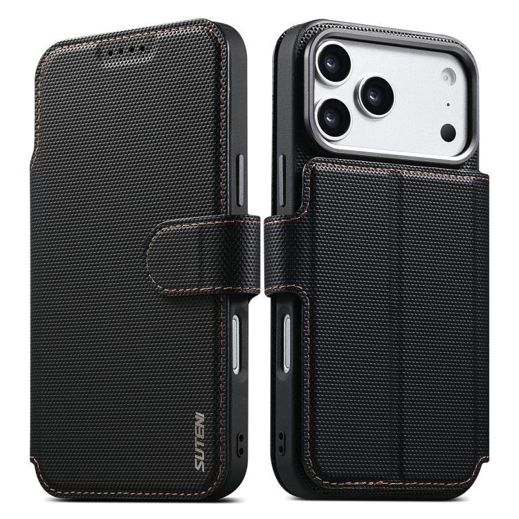 For iPhone 17 Pro Suteni Q09 Magnetic Detachable Wallet 2 in 1 Triangle Texture Vegan Leather Phone Case(Black)