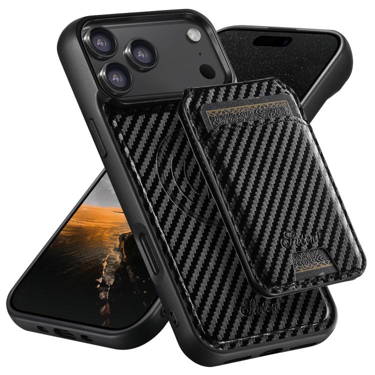 For iPhone 17 Pro Suteni TXWH18 Carbon Fiber Texture Detachable Wallet MagSafe Phone Case(Black)