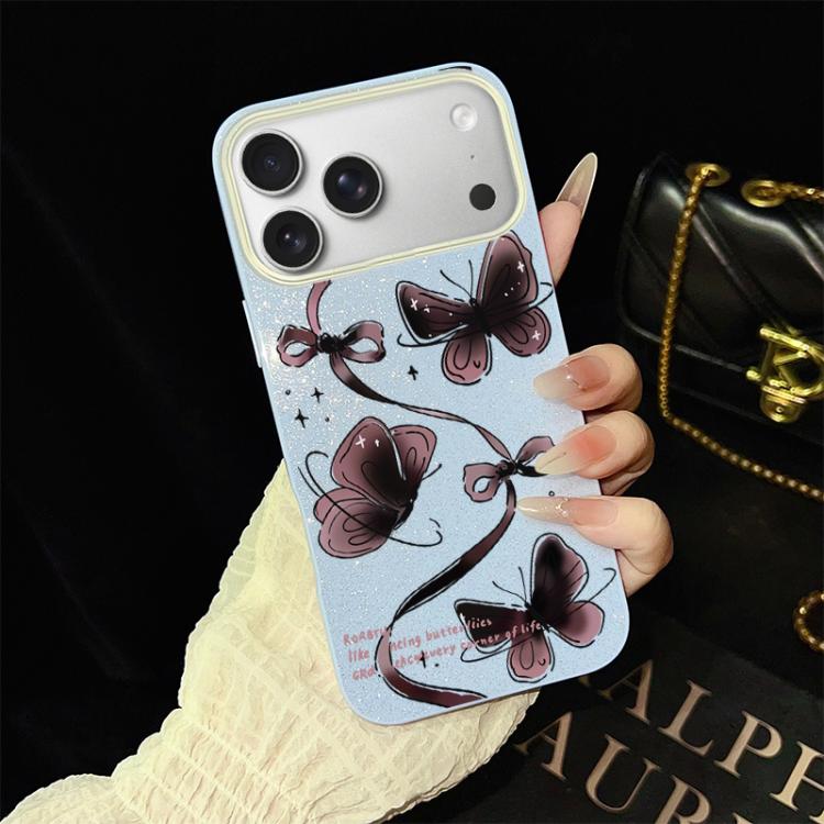 For iPhone 17 Pro Swirling Butterflies Pattern IMD Glitter PC Hybrid TPU Phone Case(Blue)