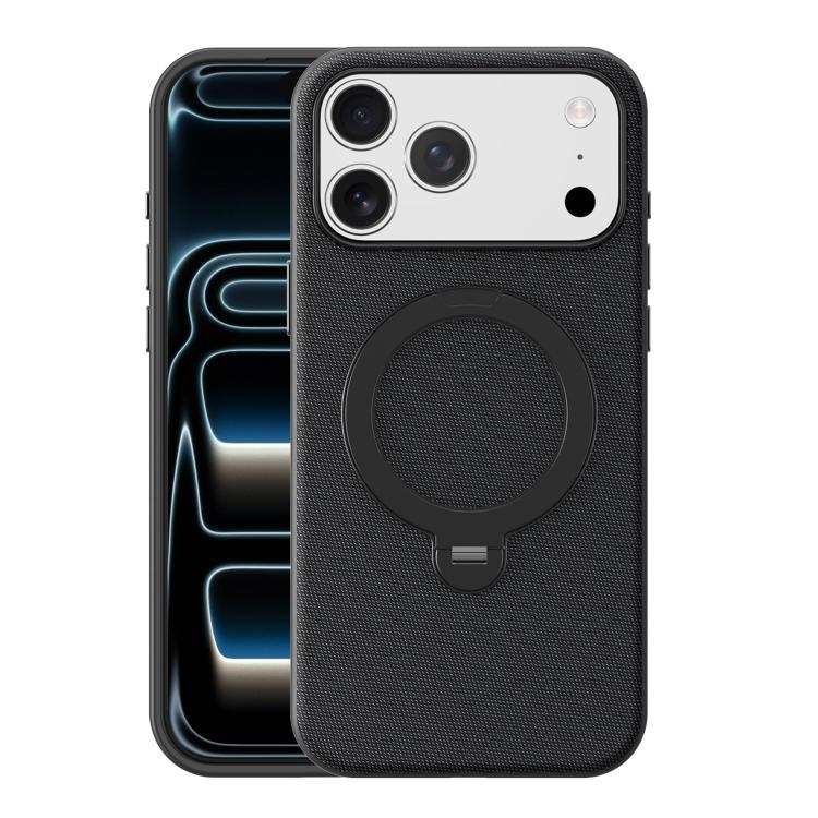 For iPhone 17 Pro Tech Fabric 360 Rotation Holder Magnetic Phone Case with AI Camera Button(Black)