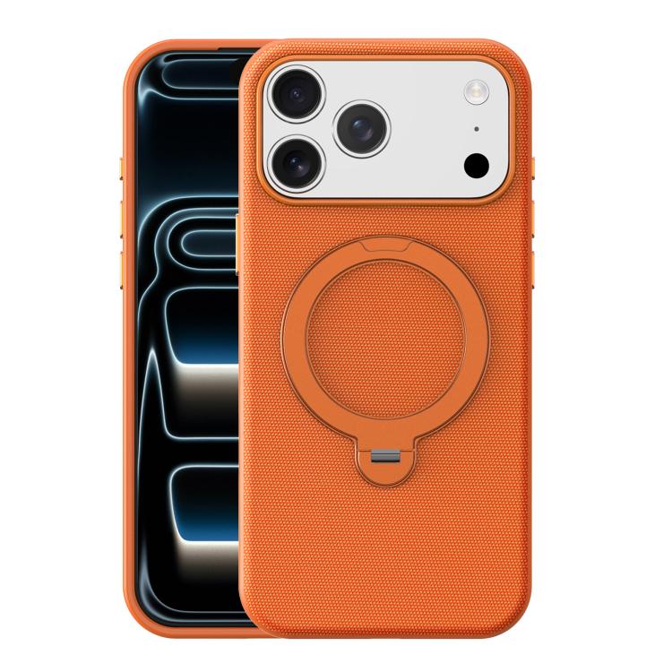 For iPhone 17 Pro Tech Fabric 360 Rotation Holder Magnetic Phone Case with AI Camera Button(Orange)