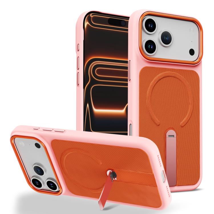 For iPhone 17 Pro Tech Fabric Rotating Stand Magnetic Phone Case(Pink)