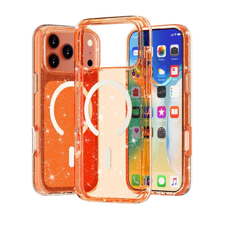 For iPhone 17 Pro Terminator Style Glitter Powder MagSafe Magnetic Phone Case(Orange)