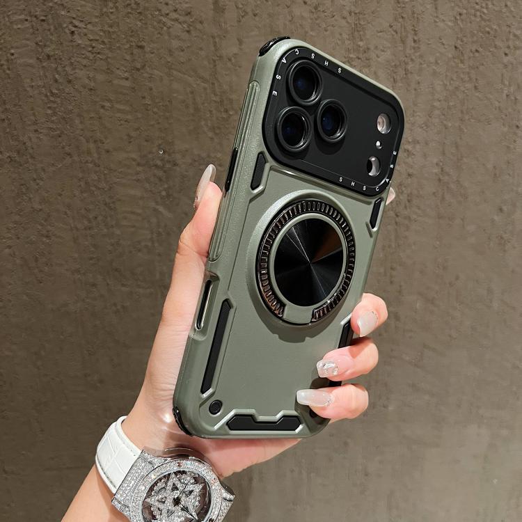 For iPhone 17 Pro Three-core Mecha 360 Degree Rotation Magnetic Holder Phone Case(Army Green)