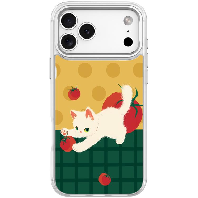 For iPhone 17 Pro Tomato Cat Pattern Magnetic Phone Case(Transparent White)