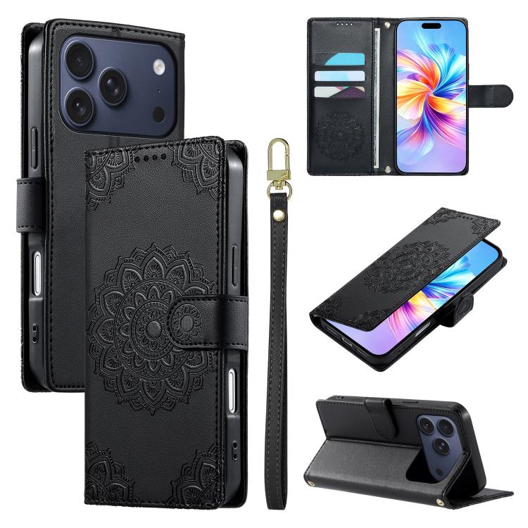 For iPhone 17 Pro Totem Embossed Magnetic Closure Vegan Leather Phone Case with Strap(Black)