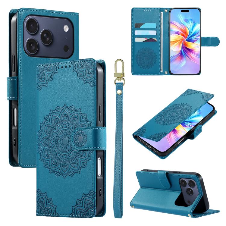 For iPhone 17 Pro Totem Embossed Magnetic Closure Vegan Leather Phone Case with Strap(Blue)