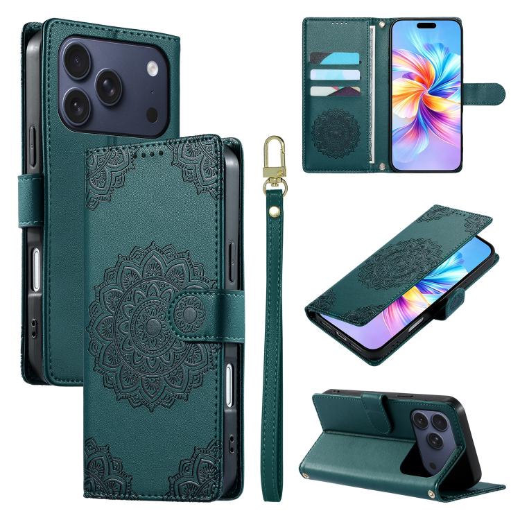 For iPhone 17 Pro Totem Embossed Magnetic Closure Vegan Leather Phone Case with Strap(Dark Green)