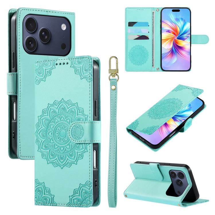 For iPhone 17 Pro Totem Embossed Magnetic Closure Vegan Leather Phone Case with Strap(Green)