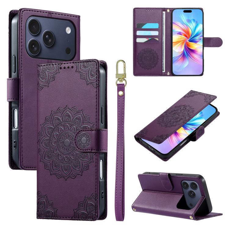 For iPhone 17 Pro Totem Embossed Magnetic Closure Vegan Leather Phone Case with Strap(Purple)
