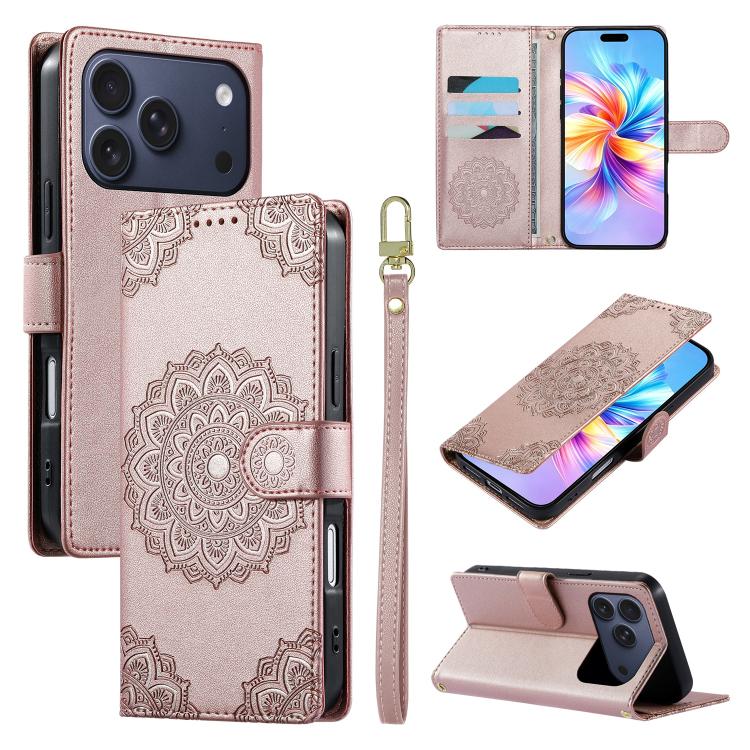For iPhone 17 Pro Totem Embossed Magnetic Closure Vegan Leather Phone Case with Strap(Rose Gold)